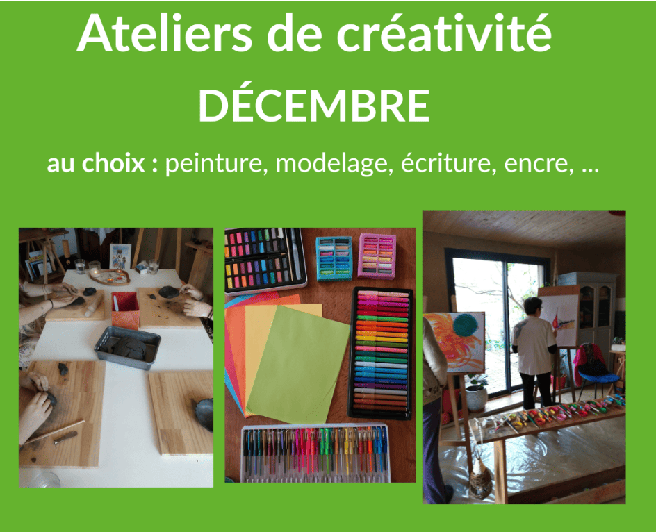 Atelier de créativité intuitive à Rennes en décembre, avec peinture, modelage et écriture dans une ambiance chaleureuse.